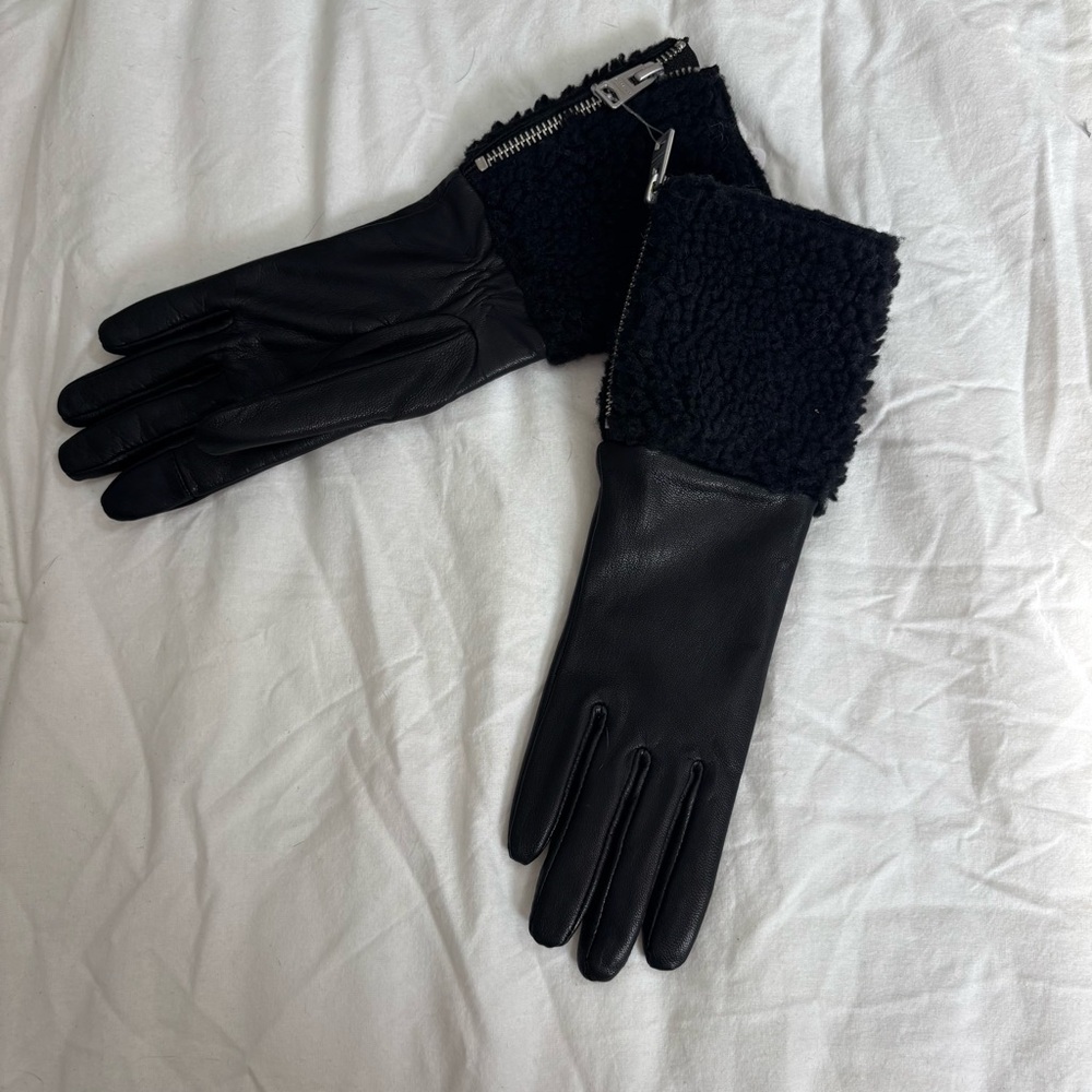 All saints Elegant Black Leather Gloves with Shearling Cuff XL NO TAGS